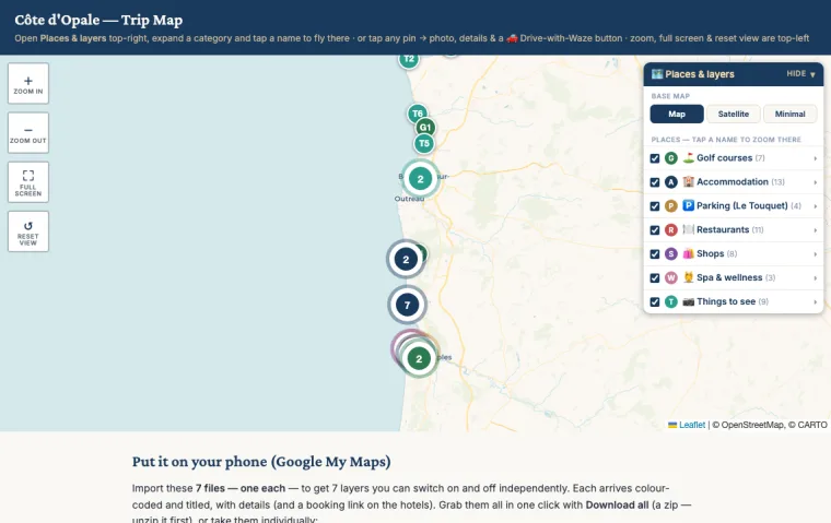 A coastal map of northern France with clustered pins, beside a
              Places and layers panel listing golf courses, accommodation,
              parking, restaurants, shops, spa and things to see.