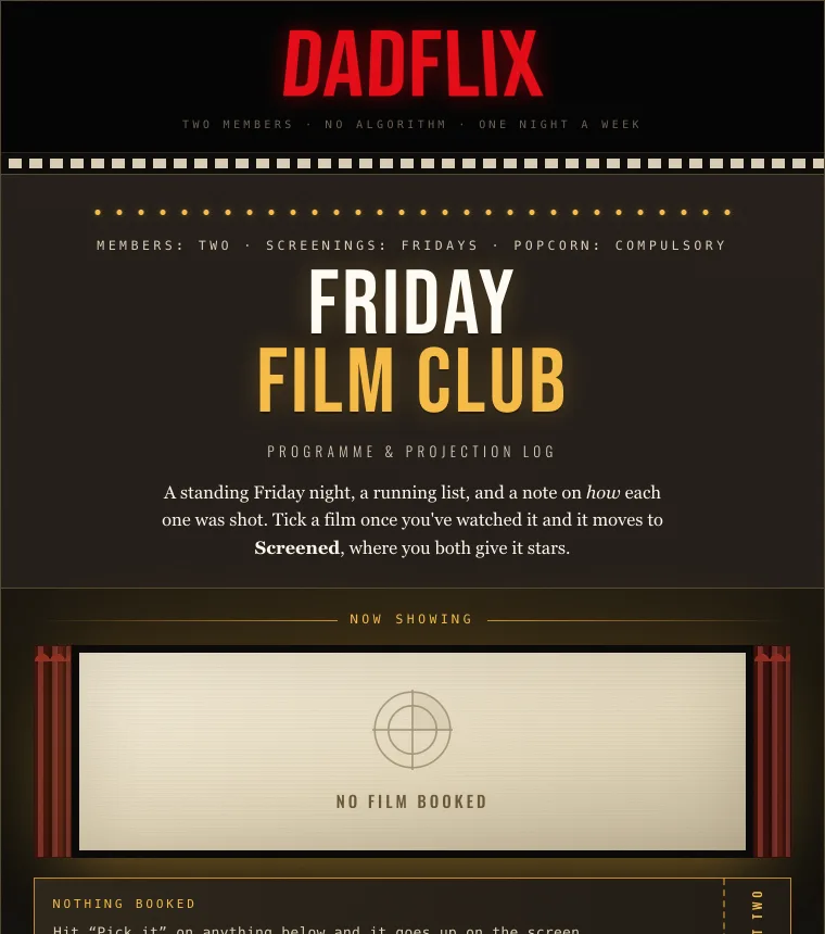 A cinema-styled film programme headed DADFLIX and Friday Film
              Club, with films listed for a standing Friday night.