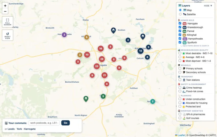 Area map with clustered sale markers and a layer control.
