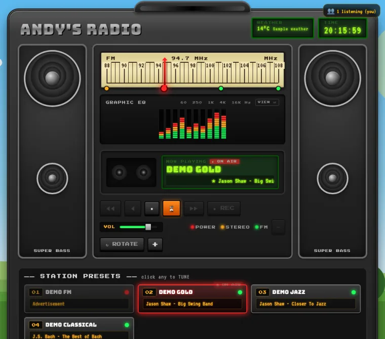 Retro boombox dashboard: a station tuned and playing, with a grid
              of station presets under it.
