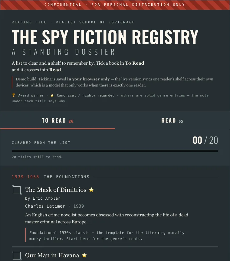 A dossier-styled reading list headed The Spy Fiction Registry,
              with books grouped by era and tick boxes beside each title.